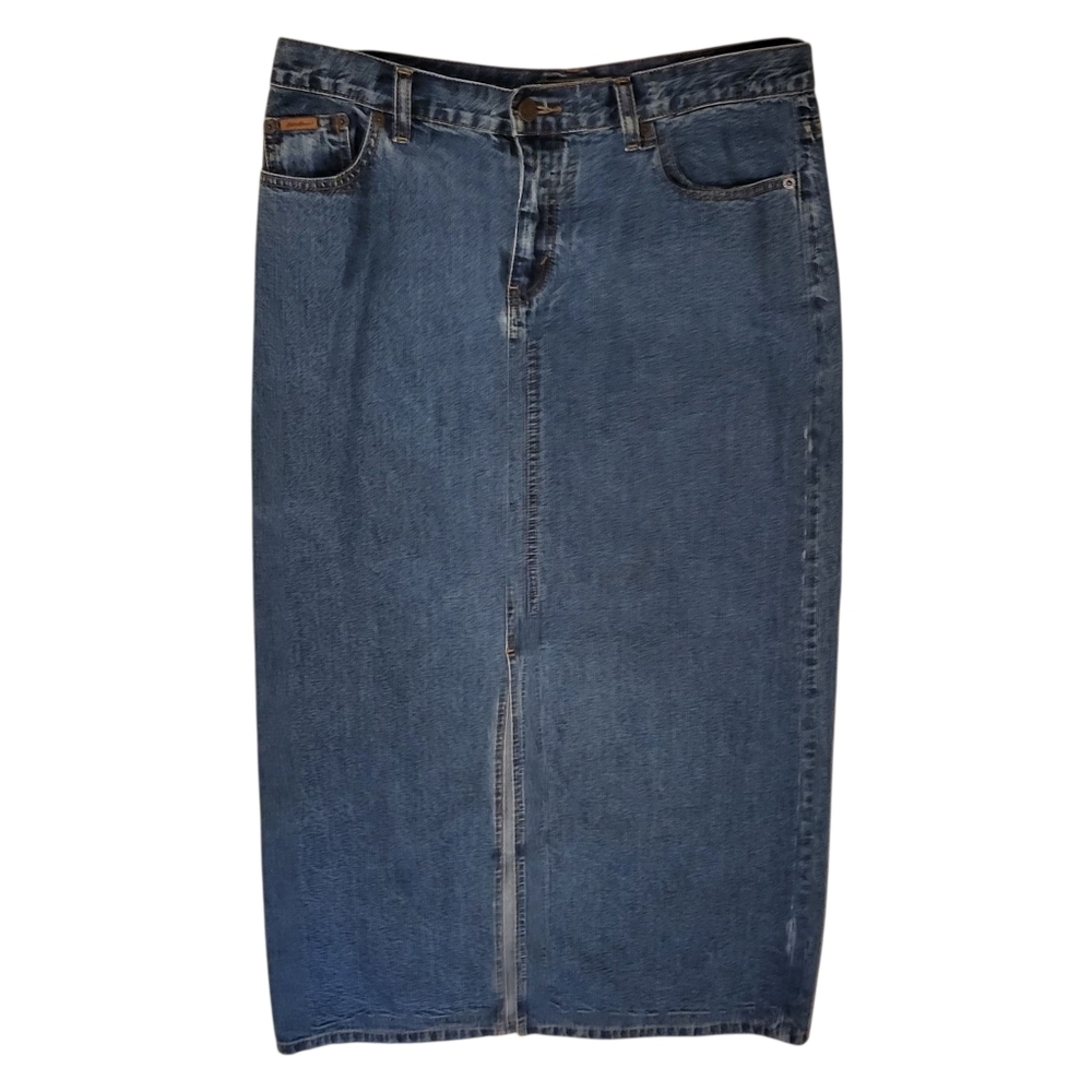 Eddie Bauer Denim Blue Jean Pencil Maxi Skirt Frint Slit 100% Cotton Size 12